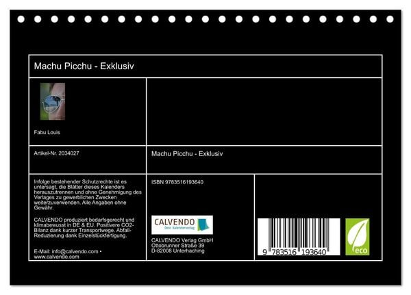 Produktbild: Machu Picchu - Exklusiv (Tischkalender 2026 DIN A5 quer), CALVENDO Monatskalender
