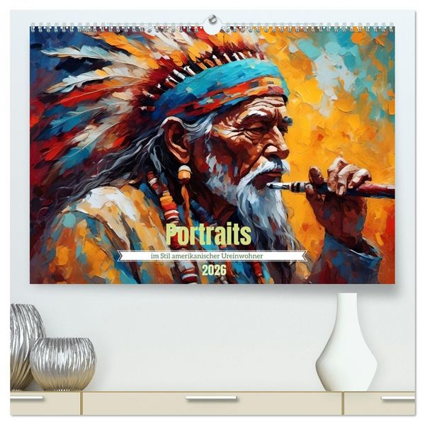 Produktbild: Portraits im Stil amerikanischer Ureinwohner (hochwertiger Premium Wandkalender 2026 DIN A2 quer), Kunstdruck in Hochglanz