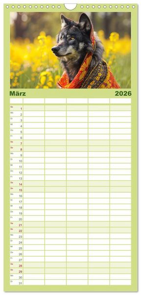 Produktbild: Familienplaner 2026 - Wilder Style. Modische W&ouml;lfe in der Natur mit 5 Spalten (Wandkalender, 21 x 45 cm) CALVENDO