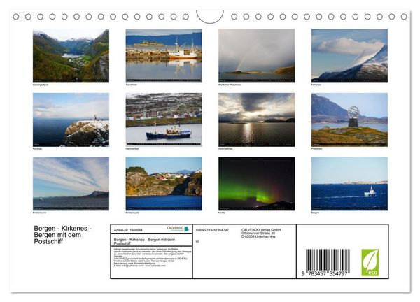 Produktbild: Bergen - Kirkenes - Bergen mit dem Postschiff (Wandkalender 2026 DIN A4 quer), CALVENDO Monatskalender