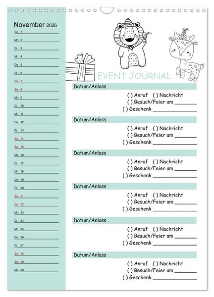 Produktbild: Geburtstagsplaner Doodle Tiere - F&uuml;r Termine, Geschenke, Eventdetails & mehr (Wandkalender 2026 DIN A3 hoch), CALVENDO Monatskalender