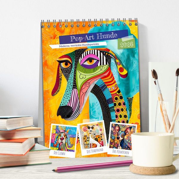 Produktbild: Pop-Art Hunde - Moderne, verr&uuml;ckte Hundeportr&auml;ts (Tischkalender 2026 DIN A5 hoch), CALVENDO Monatskalender
