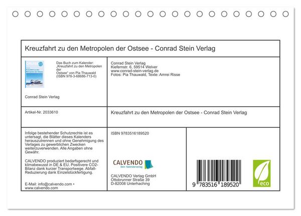 Produktbild: Kreuzfahrt zu den Metropolen der Ostsee - Conrad Stein Verlag (Tischkalender 2026 DIN A5 quer), CALVENDO Monatskalender