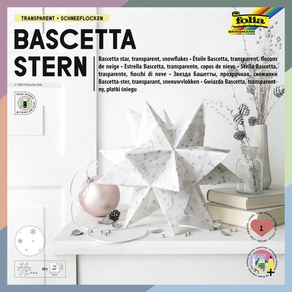 Folia Bascetta-Stern TRANSPARENT, 115g/m², 20x20cm, 32 Blatt, Schneeflocken