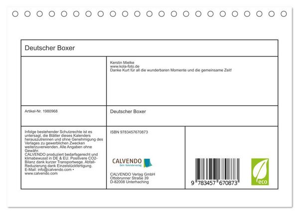 Produktbild: Deutscher Boxer (Tischkalender 2026 DIN A5 quer), CALVENDO Monatskalender
