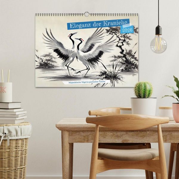 Produktbild: Eleganz der Kraniche - Majest&auml;tische V&ouml;gel in poetischer Tusche (Wandkalender 2026 DIN A3 quer), CALVENDO Monatskalender