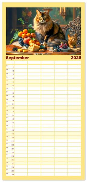 Produktbild: Familienplaner 2026 - Klassische Katzenportr&auml;ts - Katzen in opulenten Stillleben mit 5 Spalten (Wandkalender, 21 x 45 cm) CALVENDO