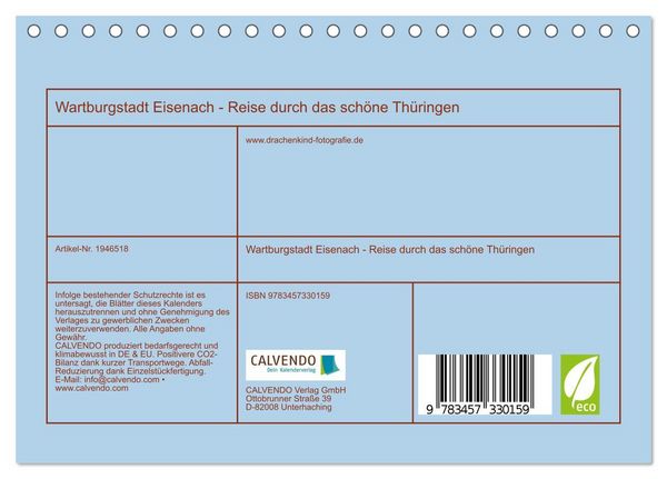 Produktbild: Wartburgstadt Eisenach - Reise durch das sch&ouml;ne Th&uuml;ringen (Tischkalender 2026 DIN A5 quer), CALVENDO Monatskalender