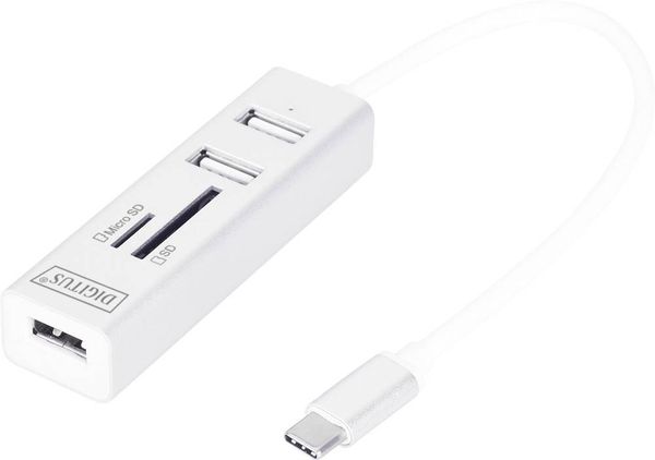 Digitus DA-70243 3 Port USB 2.0-Hub mit USB-C® Stecker, mit Aluminiumgehäuse, mit OTG-Funktion, mit eingebautem SD-Karte