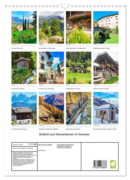 Produktbild: S&uuml;dtirol zum Kennenlernen im Sommer (Wandkalender 2026 DIN A3 hoch), CALVENDO Monatskalender