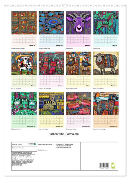 Produktbild: Farbenfrohe Tiermalerei (Wandkalender 2027 DIN A2 hoch), CALVENDO Monatskalender