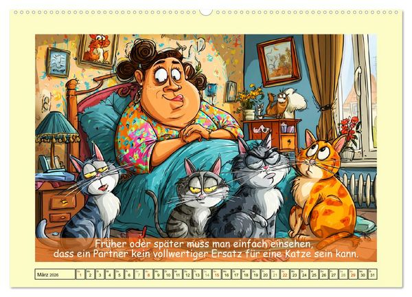 Produktbild: Katzen und Frauen. Lustige Cartoons vom t&auml;glichen Chaos (hochwertiger Premium Wandkalender 2026 DIN A2 quer), Kunstdruck in Hochglanz