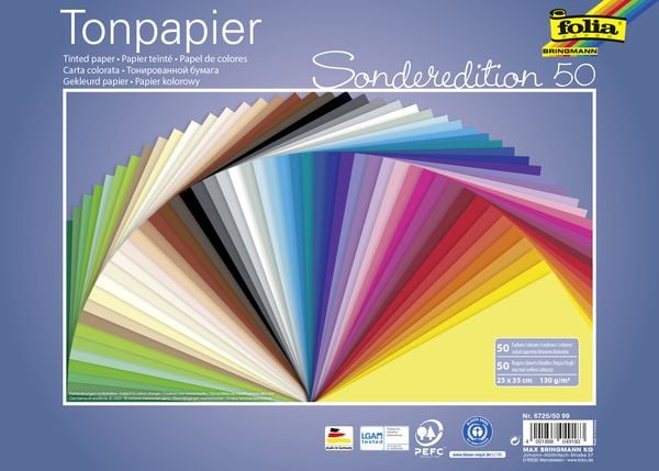 Folia  Tonpapier 130g/m², 25x35cm, 50 Bogen, farbig sortiert