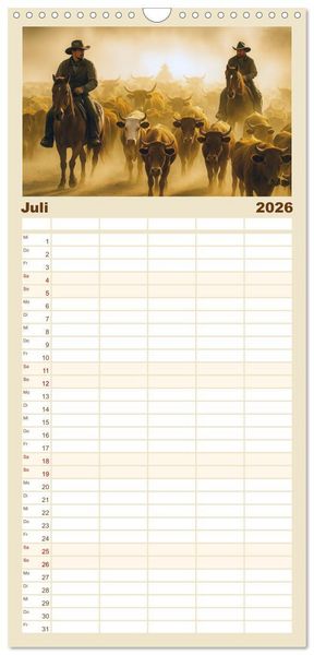 Produktbild: Familienplaner 2026 - Cowboy Alltag und Western Staub mit 5 Spalten (Wandkalender, 21 x 45 cm) CALVENDO