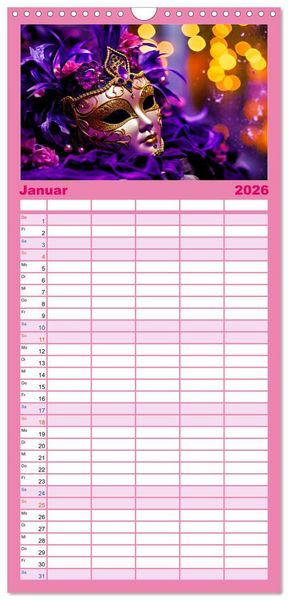 Produktbild: Familienplaner 2026 - MASKEN - poetisch und vertr&auml;umt mit 5 Spalten (Wandkalender, 21 x 45 cm) CALVENDO