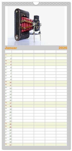 Produktbild: Familienplaner 2026 - Alte Fotoapparate - Kameras von Kodak der Jahre 1905 bis 1977 mit 5 Spalten (Wandkalender, 21 x 45 cm) CALVENDO