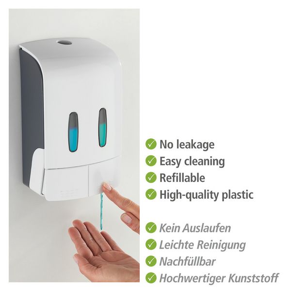 Produktbild: 2-Kammer Desinfektionsmittel- und Seifenspender Mod. Tartas Wei&szlig;, F&uuml;llmenge je Kammer: 480 ml