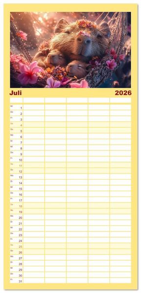 Produktbild: Familienplaner 2026 - Capybara Zeit mit 5 Spalten (Wandkalender, 21 x 45 cm) CALVENDO