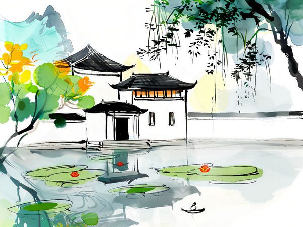 Produktbild: CALVENDO Puzzle Chinesische Tempelanlage am Seerosenteich. Tuschemalerei | 1000 Teile Lege-Gr&ouml;&szlig;e 64x48cm Foto-Puzzle f&uuml;r gl&uuml;ckliche Stunden