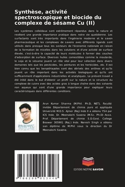 Produktbild: Synth&egrave;se, activit&eacute; spectroscopique et biocide du complexe de s&eacute;same Cu (II)
