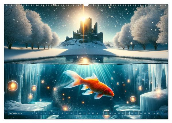 Produktbild: Klang der Stille - Kois aus der KI Dimension (hochwertiger Premium Wandkalender 2026 DIN A2 quer), Kunstdruck in Hochglanz