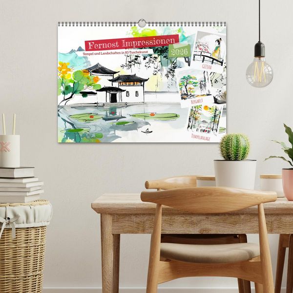 Produktbild: Fernost Impressionen - Tempel und Landschaften in KI-Tuschekunst (Wandkalender 2026 DIN A3 quer), CALVENDO Monatskalender