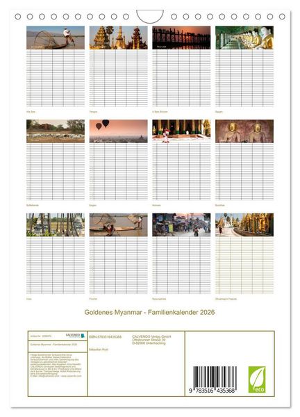 Produktbild: Goldenes Myanmar - Familienkalender 2026 (Wandkalender 2026 DIN A4 hoch), CALVENDO Monatskalender