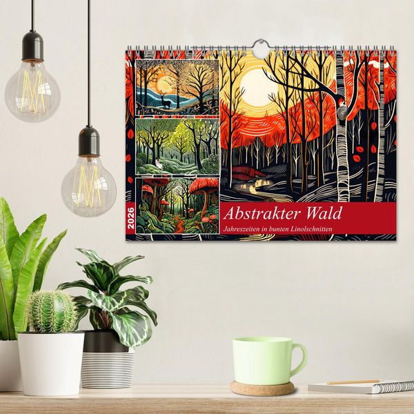 Produktbild: Abstrakter Wald - Jahreszeiten in bunten Linolschnitten (Wandkalender 2026 DIN A4 quer), CALVENDO Monatskalender
