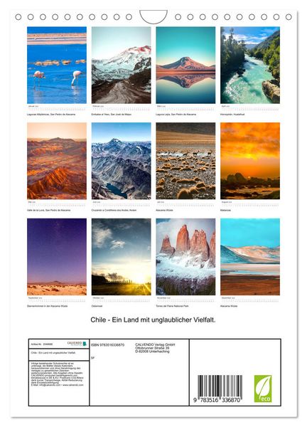 Produktbild: Chile - Ein Land mit unglaublicher Vielfalt. (Wandkalender 2026 DIN A4 hoch), CALVENDO Monatskalender