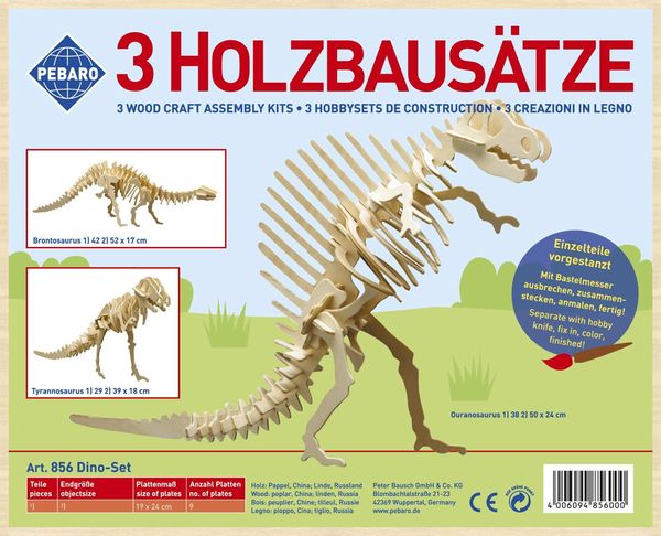 Produktbild: PEBARO 856 - Holzbausatz Dinosaurier-Set, Brontosaurus, Tyrannosaurus, Ouranosaurus, 3 Holzkontruktionen zum Zusammenstecken