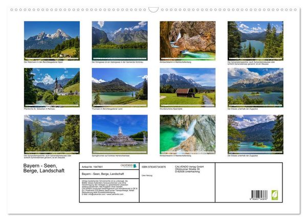 Produktbild: Bayern - Seen, Berge, Landschaft (Wandkalender 2026 DIN A2 quer), CALVENDO Monatskalender