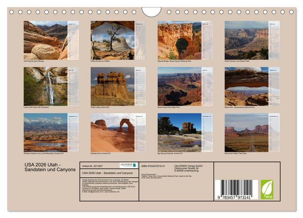 Produktbild: USA 2026 Utah - Sandstein und Canyons (Wandkalender 2026 DIN A4 quer), CALVENDO Monatskalender