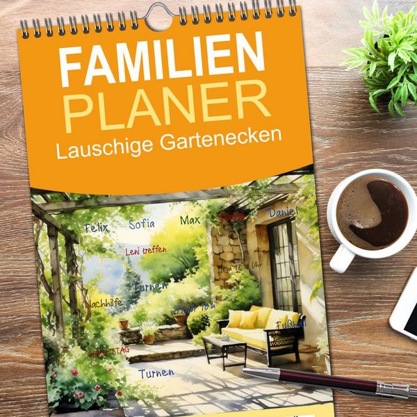 Produktbild: Familienplaner 2026 - Lauschige Gartenecken mit 5 Spalten (Wandkalender, 21 x 45 cm) CALVENDO