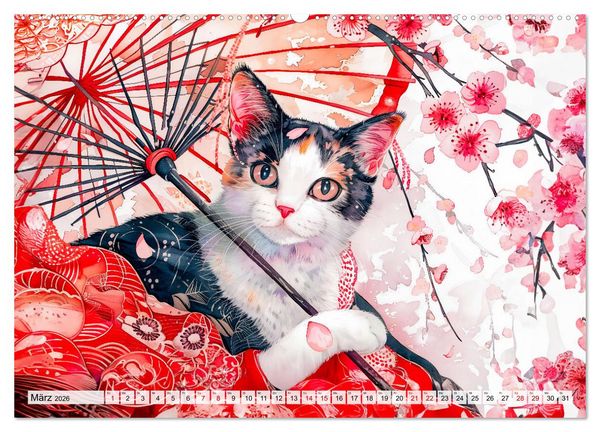 Produktbild: Geisha-Katzen - Mit Bl&uuml;ten, Schirm und Bambus im Japanstil (hochwertiger Premium Wandkalender 2026 DIN A2 quer), Kunstdruck in Hochglanz