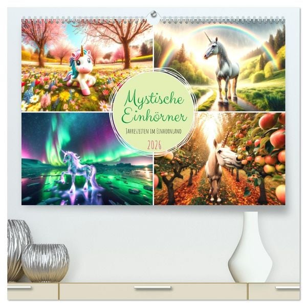 Produktbild: Mystische Einh&ouml;rner - Jahreszeiten im Einhornland (hochwertiger Premium Wandkalender 2026 DIN A2 quer), Kunstdruck in Hochglanz
