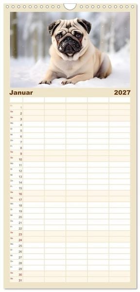 Produktbild: Familienplaner 2027 - Lustige Mops-Hunde: Die charmanten Meister von Chaos und Unfug mit 5 Spalten (Wandkalender, 21 x 45 cm) CALVENDO