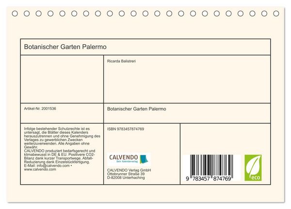 Produktbild: Botanischer Garten Palermo (Tischkalender 2026 DIN A5 quer), CALVENDO Monatskalender