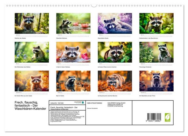 Produktbild: Frech, flauschig, fantastisch - Der Waschb&auml;ren-Kalender (hochwertiger Premium Wandkalender 2026 DIN A2 quer), Kunstdruck in Hochglanz
