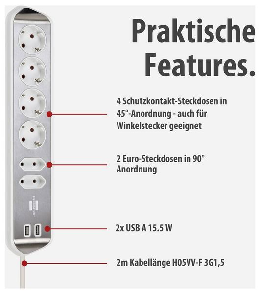 Produktbild: Brennenstuhl 1153590620 Tischsteckdose Silber, Wei&szlig; Schutzkontakt 1 St.