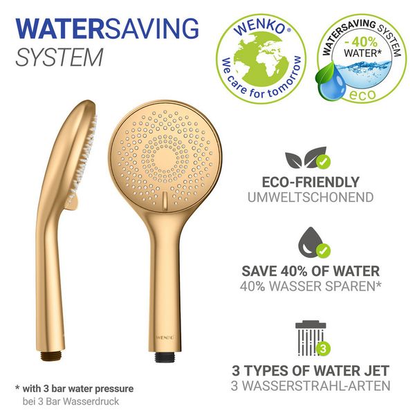 Produktbild: Duschkopf Watersaving Gold matt, Universal-Handbrause, &Oslash; 11 cm, 3 Strahlarten