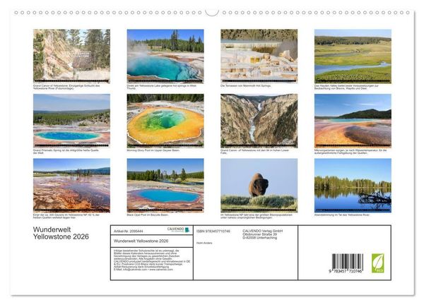 Produktbild: Wunderwelt Yellowstone 2026 (hochwertiger Premium Wandkalender 2026 DIN A2 quer), Kunstdruck in Hochglanz