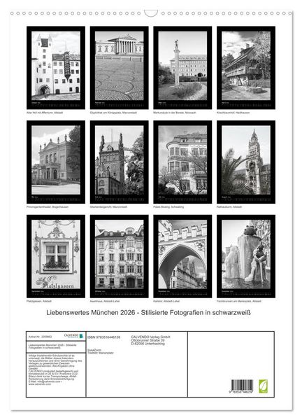 Produktbild: Liebenswertes M&uuml;nchen 2026 - Stilisierte Fotografien in schwarzwei&szlig; (Wandkalender 2026 DIN A2 hoch), CALVENDO Monatskalender