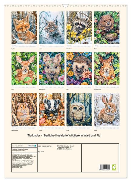 Produktbild: Tierkinder - Niedliche illustrierte Wildtiere in Wald und Flur (Wandkalender 2026 DIN A2 hoch), CALVENDO Monatskalender