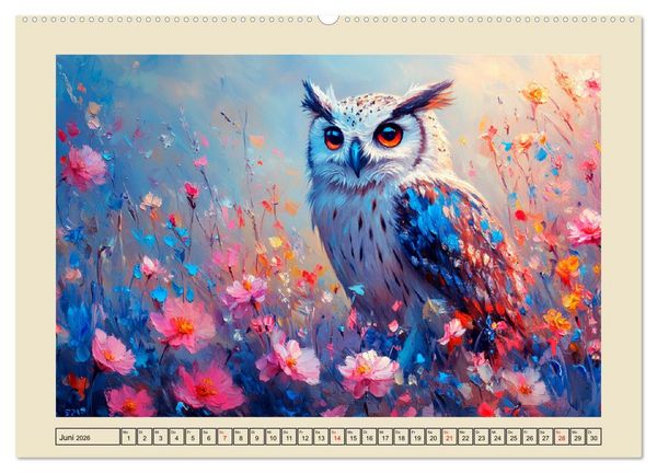 Produktbild: Bunte Eulenpoesie. Kunstvolle V&ouml;gel in &Ouml;lgem&auml;lde-Optik (Wandkalender 2026 DIN A2 quer), CALVENDO Monatskalender