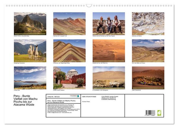 Produktbild: Peru - Bunte Vielfalt von Machu Picchu bis zur Atacama W&uuml;ste (Wandkalender 2026 DIN A2 quer), CALVENDO Monatskalender