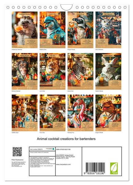 Produktbild: Animal cocktail creations for bartenders (Wall Calendar 2026 DIN A4 portrait), CALVENDO 12 Month Wall Calendar