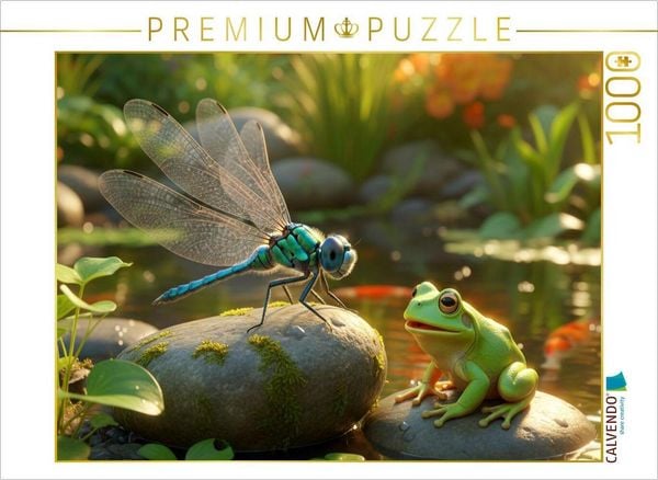 CALVENDO Puzzle Treffen am Wasser zwischen Libelle und Frosch | 1000 Teile Lege-Größe 64x48cm Foto-Puzzle für glückliche Stunden