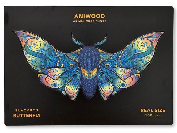 Produktbild: Aniwood J2320M - Animal Wood Puzzle, Blackbox Butterfly M, Schmetterling, Holz-Puzzle, 150 Teile