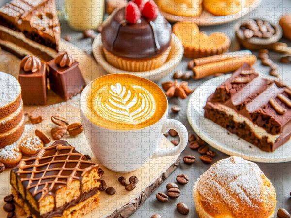 Produktbild: CALVENDO Puzzle Cappuccino mit Kuchen und Schokoladengeb&auml;ck | 2000 Teile Lege-Gr&ouml;&szlig;e 90x67cm Foto-Puzzle f&uuml;r gl&uuml;ckliche Stunden