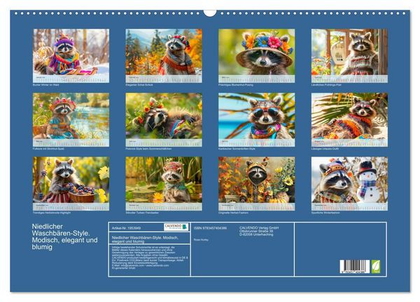Produktbild: Niedlicher Waschb&auml;ren-Style. Modisch, elegant und blumig (Wandkalender 2026 DIN A2 quer), CALVENDO Monatskalender